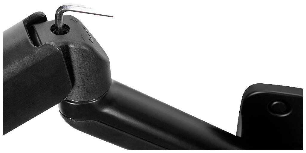 Ein verstellbarer schwarzer Arm mit einem Metallwerkzeug an einem Gelenk, möglicherweise Teil eines Stativs oder Halters.