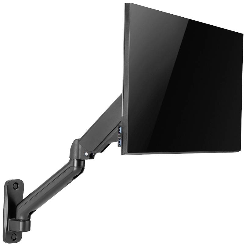 Ein schwarzer Computermonitor ist an einem verstellbaren Wandarm montiert, der Platz spart und flexibel einstellbar ist.