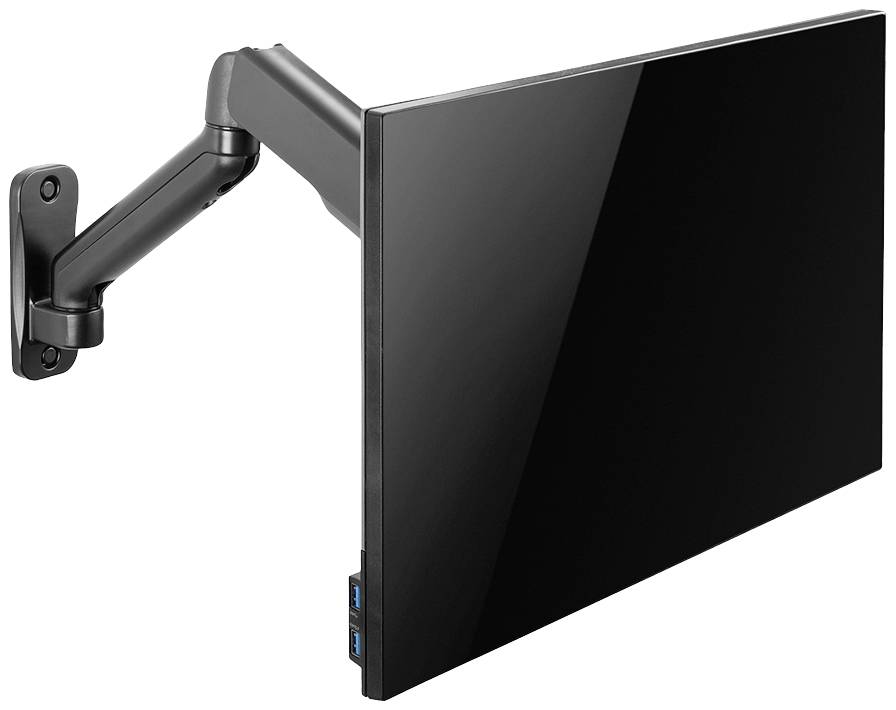 Ein flacher Monitor ist an einem verstellbaren Wandarm montiert. Der Arm ermöglicht flexible Positionierung.