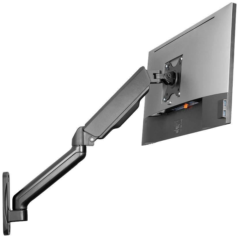 Ein Monitor ist an einem schwenkbaren, an der Wand montierten Arm befestigt. Der Arm ermöglicht flexible Positionierung des Bildschirms.