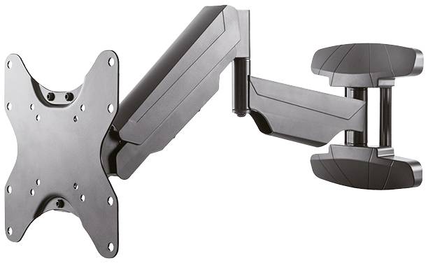 Ein schwarzer, verstellbarer TV-Wandhalter aus Metall mit Gelenkarmen, geeignet für flache Bildschirme.