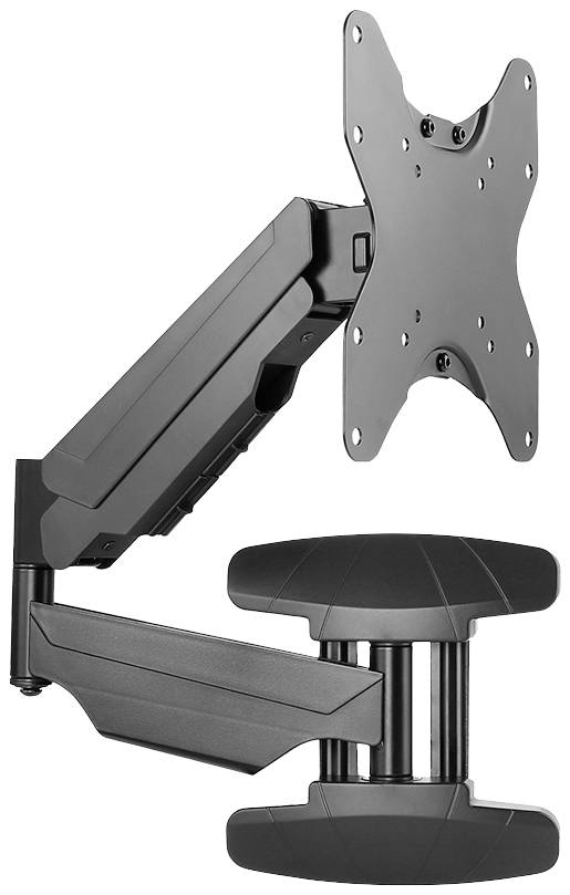 Ergonomischer Monitorarm aus schwarzem Metall, neigbar und schwenkbar, zur Wandmontage geeignet.