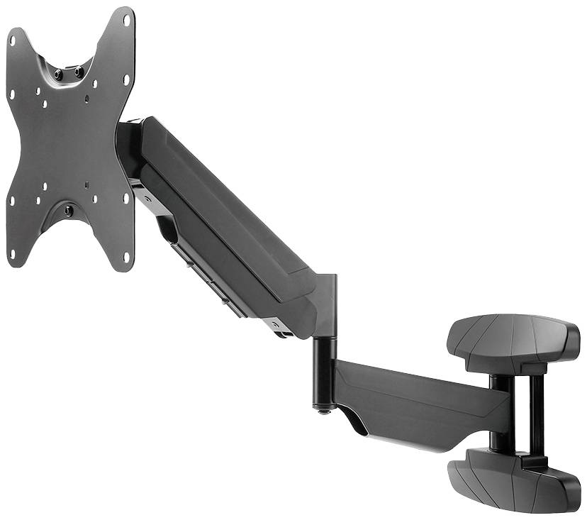 Ein schwarzer Monitorarm mit mehreren Gelenken, geeignet zur Befestigung an einer Wand, um einen Bildschirm flexibel zu positionieren.