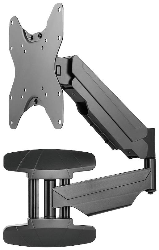 Bild zeigt eine schwarze, verstellbare Wandhalterung für Monitore oder Fernseher. Sie hat mehrere Gelenke für flexible Ausrichtung.