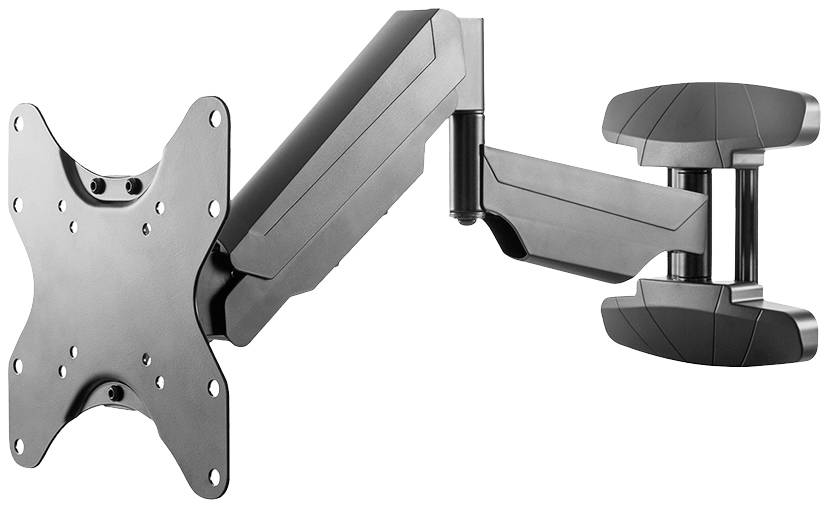 Schwarzer, verstellbarer Monitorarm für die Wandmontage, mit Gelenken zur Positionsanpassung.