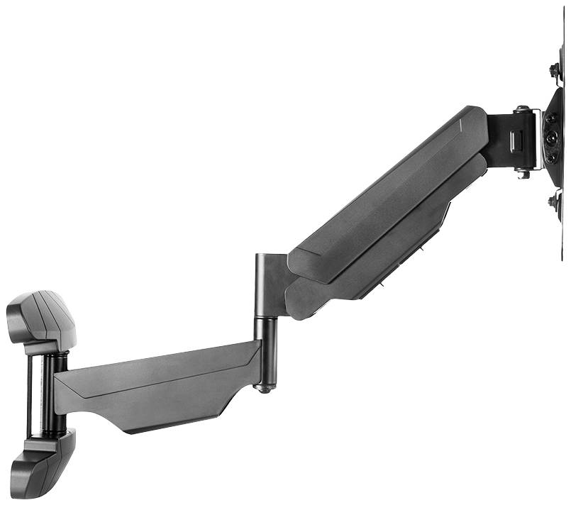 Ein verstellbarer schwarzer Monitorarm aus Metall, der an einer Wandhalterung befestigt ist und eine Bildschirmhalterung besitzt.