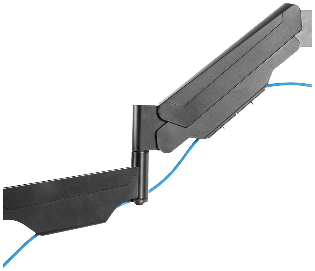 Ein modernes, schwarzes Scharnier verbindet zwei Teile, mit einer blauen Linie, die darunter verläuft.