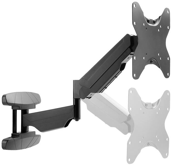 Monitorhalterung mit zwei Gelenkarmen und VESA-Montageplatten, ermöglicht flexible Positionierung von Bildschirmen an einer Wand.