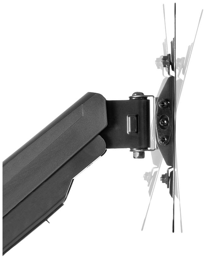 Ein schwarzer Monitorarm aus Metall ist seitlich an einer Glasoberfläche befestigt. Der Arm ist schwenkbar und zeigt nach links.