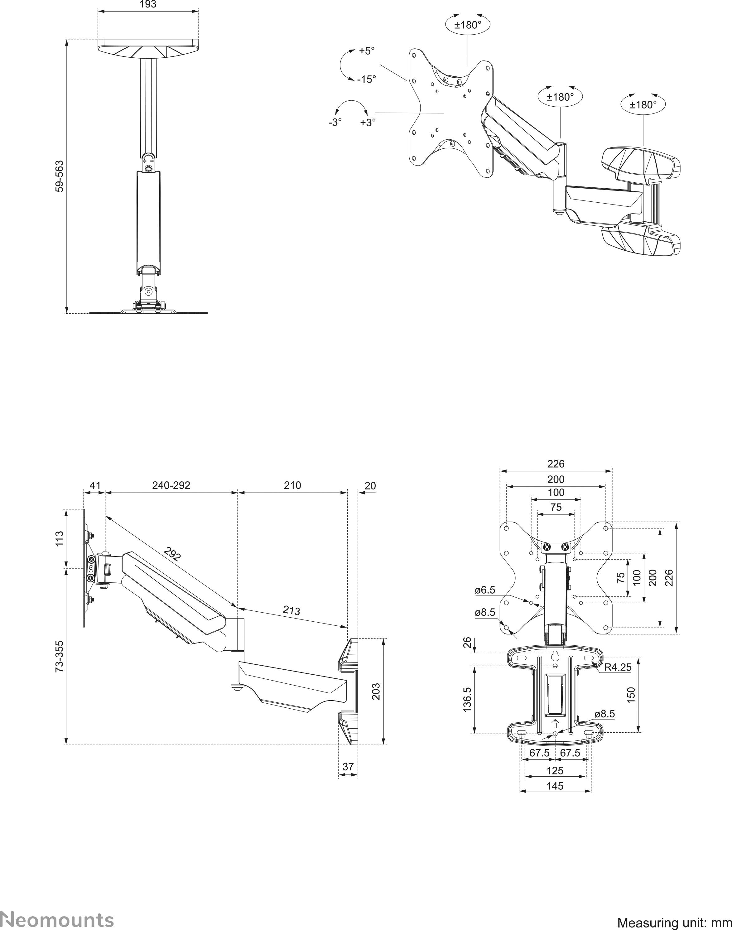 Detaillierte technische Zeichnung eines Monitorarms mit Abmessungen in Millimetern. Beinhaltet verschiedene Ansichten und Montageoptionen.