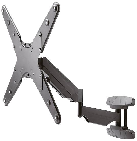 Schwenkbare TV-Wandhalterung aus schwarzem Metall mit X-förmiger Befestigung. Sie ist flexibel einstellbar für verschiedene Blickwinkel.
