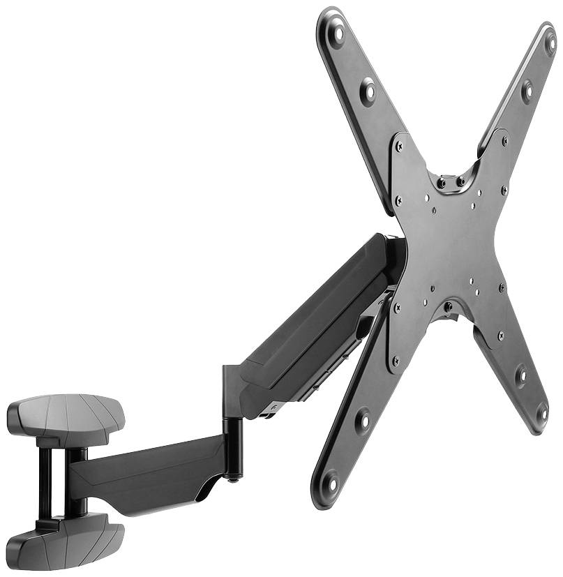 Ein schwarzer, schwenkbarer Wandhalter für Flachbildfernseher, mit verstellbarem Arm und Universalhalterung in der Form eines X.