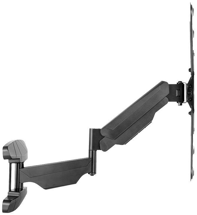 Monitorhalterung seitlich montiert an der Wand, zeigt Gelenkarm-Design zur flexiblen Ausrichtung des Bildschirms.