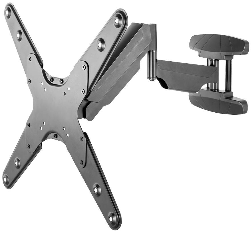 Flacher, schwenkbarer TV-Wandhalter in schwarzem Metall, geeignet für Monitore oder Fernseher, ermöglicht flexible Platzierung.