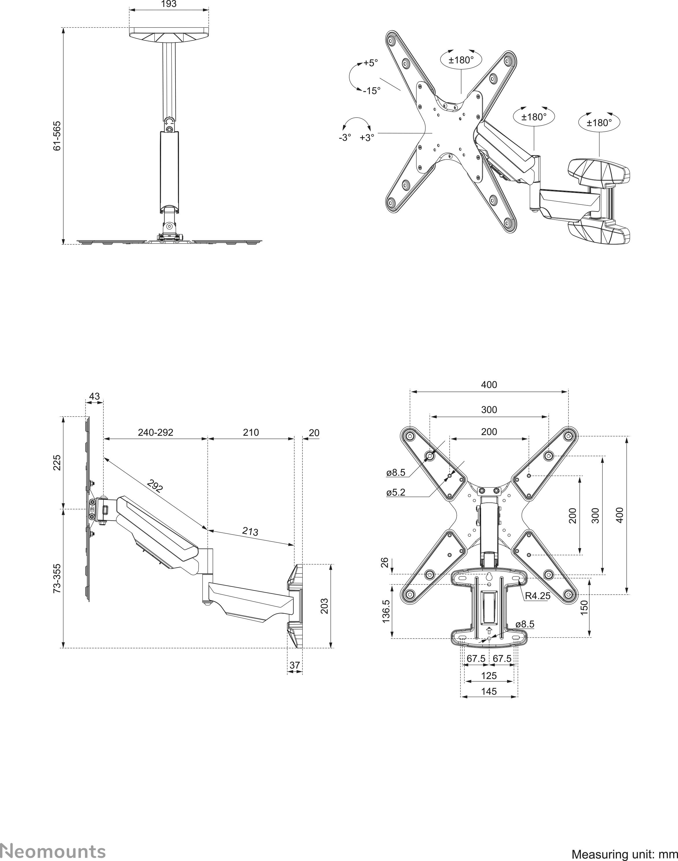 Neomounts WL70-550BL14 TV-Wandhalterung Neigbar, Schwenkbar, Höhenverstellbar 81,3cm (32") - 139,7cm (55") Neigbar, Rotierbar