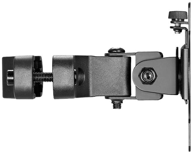 Seitliche Nahaufnahme einer schwarzen Montagehalterung mit verstellbarem Arm und Schrauben, geeignet für Befestigungszwecke.