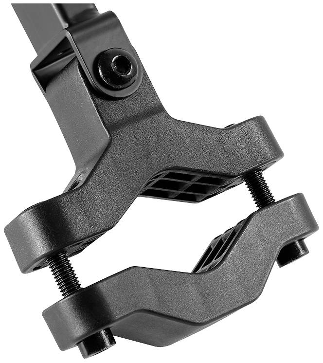 Nahaufnahme einer schwarzen Tischklemme zur Befestigung eines Gegenstands. Besteht aus zwei Teilen mit Schraubmechanismus für festen Halt.