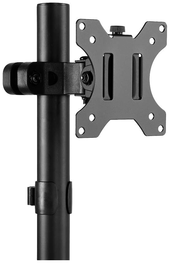 Haltesystem für Monitor oder Bildschirm in Schwarz, mit verstellbaren Armen und Schrauben zur Befestigung an einem Ständer.