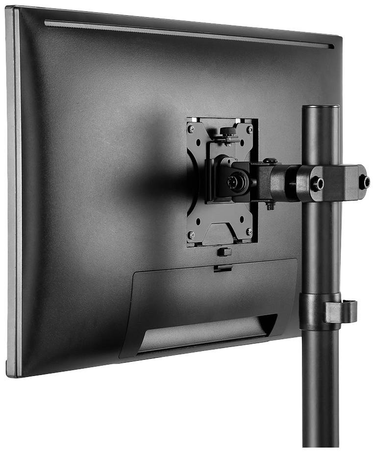 Ein schwarzer Monitor ist von hinten an einem verstellbaren Schwenkarm befestigt, der an einem vertikalen Ständer montiert ist.