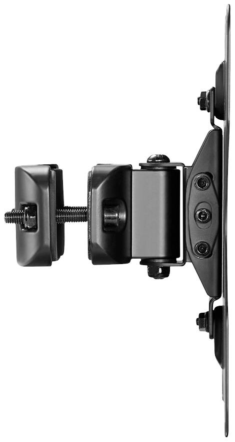 Seitenansicht einer schwarzen Monitorhalterung mit Gelenk. Sie zeigt ein Schraubsystem zur Befestigung des Monitors an der Wand.