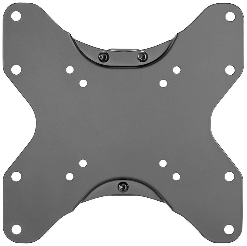 Eine schwarze VESA-Wandhalterung für Monitore oder Fernseher, mit mehreren Befestigungslöchern zur flexiblen Montage.