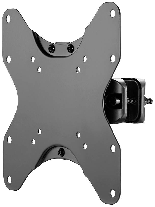 Schwarze TV-Wandhalterung mit mehreren Schraublöchern, geeignet für verschiedene Bildschirmgrößen, zur Befestigung an der Wand.