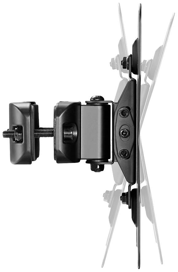 Seitenansicht einer schwarzen TV-Wandhalterung mit verstellbarem Gelenk, das es ermöglicht, den Bildschirm flexibel zu neigen.