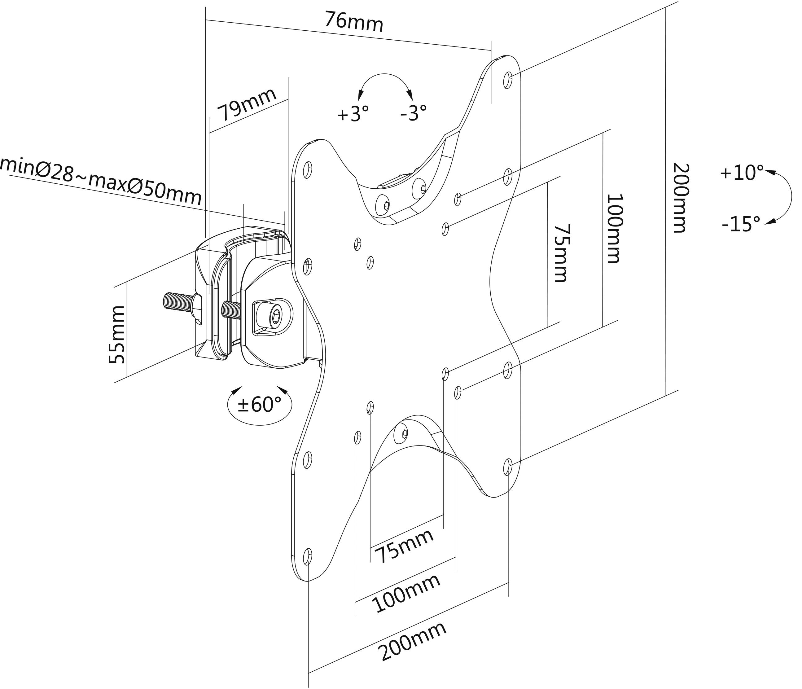 Technische Zeichnung einer schwenkbaren TV-Halterung, zeigt Maße und Neigungswinkel: 76mm Breite, 100mm Höhe, schwenkbar ±60°.