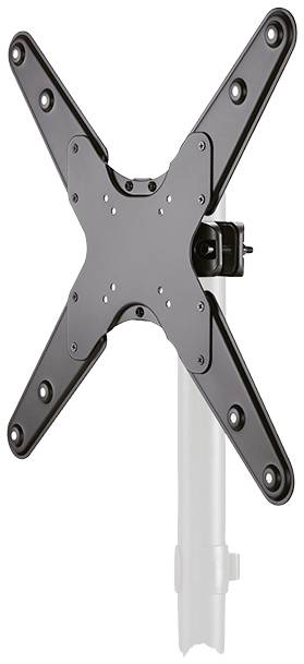 Schwarze TV-Wandhalterung mit kreuzförmigem Design, montiert auf einem silbernen Rohr. Geeignet zur Befestigung eines Flachbildschirms.