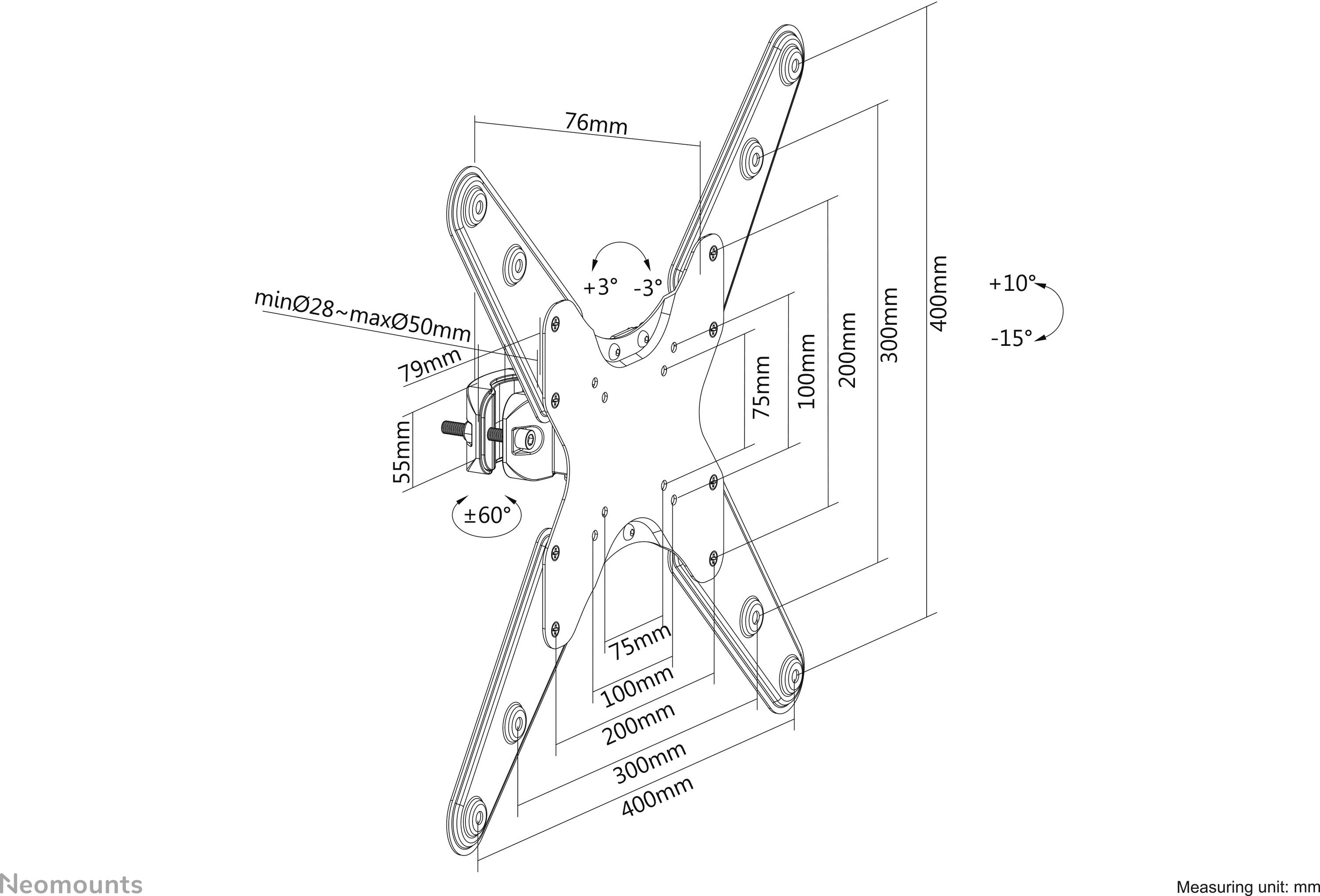 Montageanleitung für eine TV-Halterung: Drehung ±60°, Neigung +10°/-15°, diverse Abstände und Höhen markiert für Präzision.