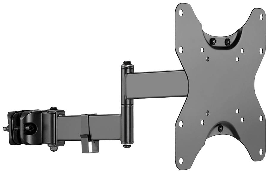 Schwarze TV-Wandhalterung mit beweglichem Arm, geeignet für Flachbildschirme. Verstellbar für verschiedene Betrachtungswinkel.