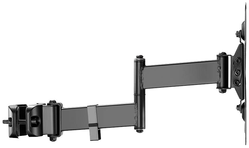Schwarzer, verstellbarer TV- oder Monitor-Wandhalterungsarm mit Gelenken zur flexiblen Ausrichtung. Geeignet für verschiedene Bildschirmgrößen.