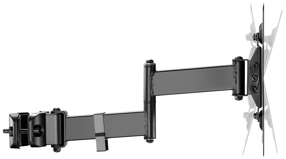 Ein schwarzer, verstellbarer Monitorhalter für die Wandmontage, zeigt Arme mit Gelenken und Klemmen für Flexibilität und Stabilität.