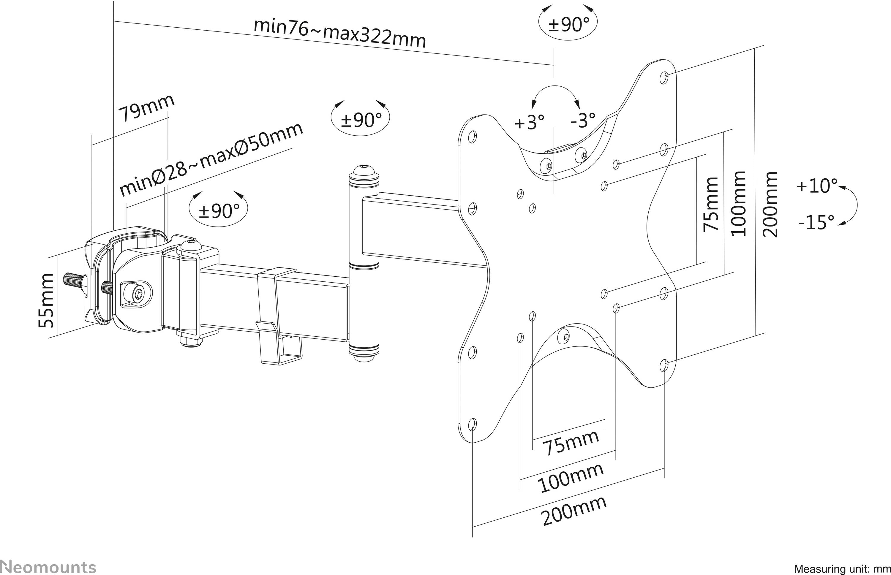 Abbildung von einem verstellbaren Wandhalterungsarm für Monitore. Zeigt Maße, Dreh- und Neigebereiche in Millimetern.