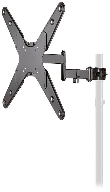 Ein schwarzer, verstellbarer Wandhalter für Flachbildfernseher, montiert an einem vertikalen weißen Rohr, geeignet für verschiedene Bildschirmgrößen.