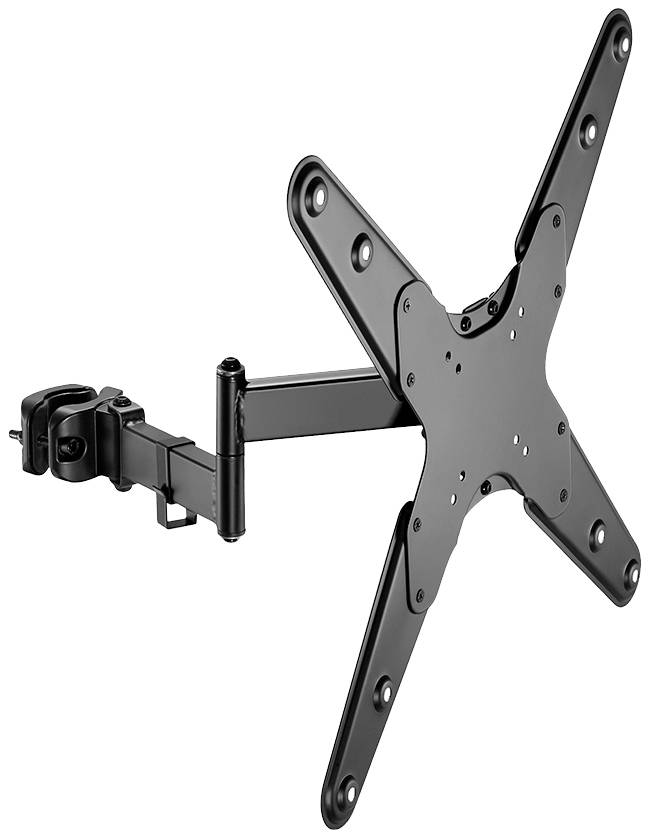 Ein schwarzer verstellbarer Wandhalter für Flachbildschirme, mit vier Armen und einer Befestigungsklammer an der Seite.