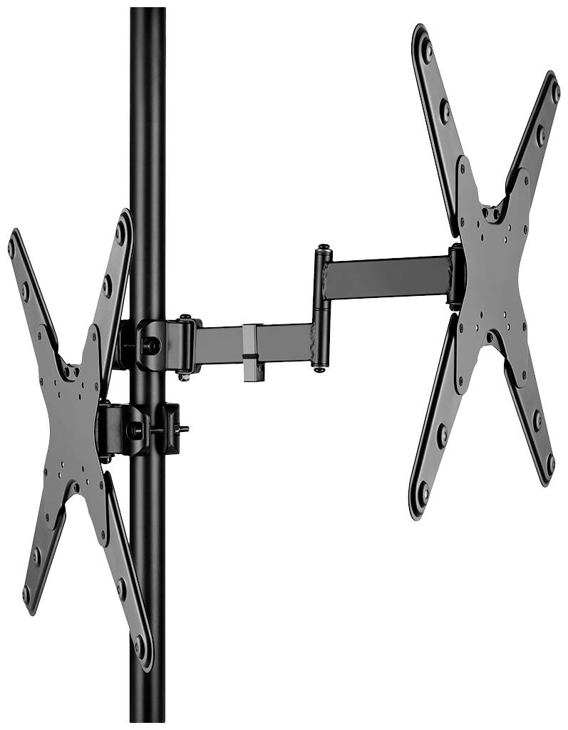 TV-Halterung mit zwei schwenkbaren Armen und verstellbaren Halterungen. Befestigt an einer vertikalen Stange. Geeignet für zwei Bildschirme.
