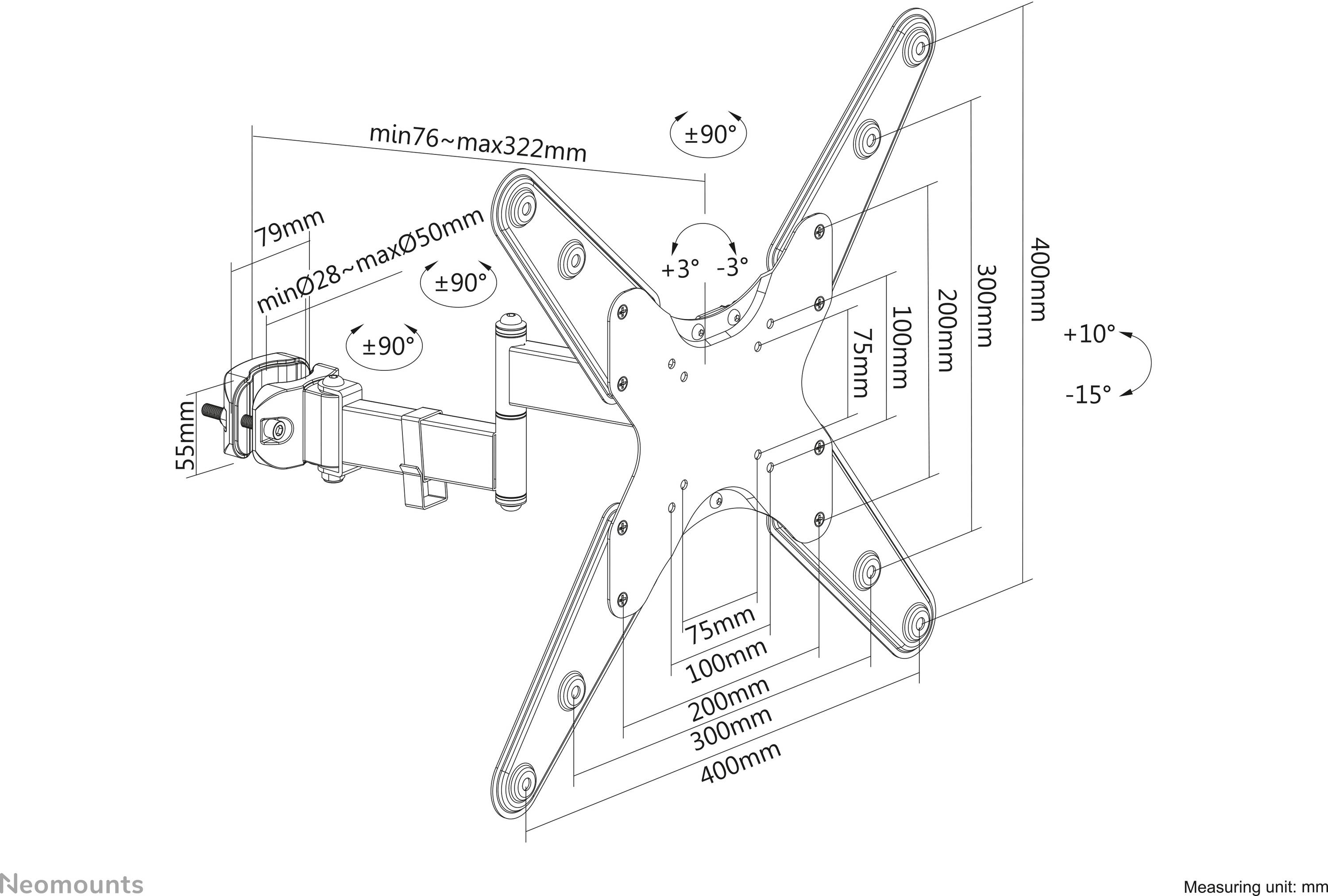 Wandhalterung für Monitore, verstellbar in Höhe und Neigung. Maße: Breite 200-400 mm, Höhe bis 400 mm. Neigung von +90° bis -15°.