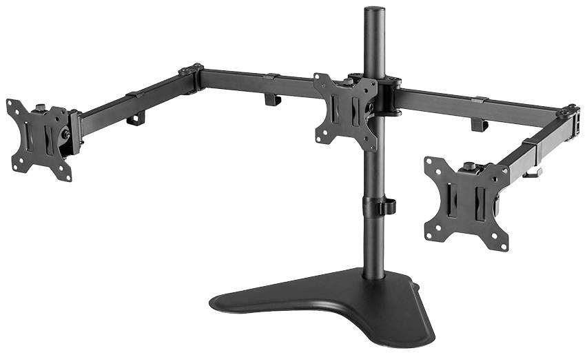 Ein schwarzer, verstellbarer Monitorständer mit Platz für zwei Bildschirme. Er hat eine robuste Basis und flexible Gelenkarme.