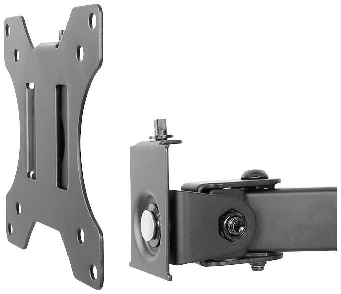 Monitorhalterung aus Metall mit schwenkbarem Arm, geeignet zur Wandmontage von Flachbildschirmen. Enthält Schrauben und Befestigungselemente.