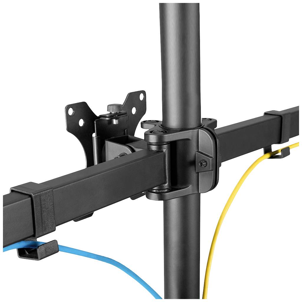 Ein verstellbarer Monitorarm aus schwarzem Metall mit Kabelmanagementsystem. Zwei Kabel sind gesichert, in Gelb und Blau.