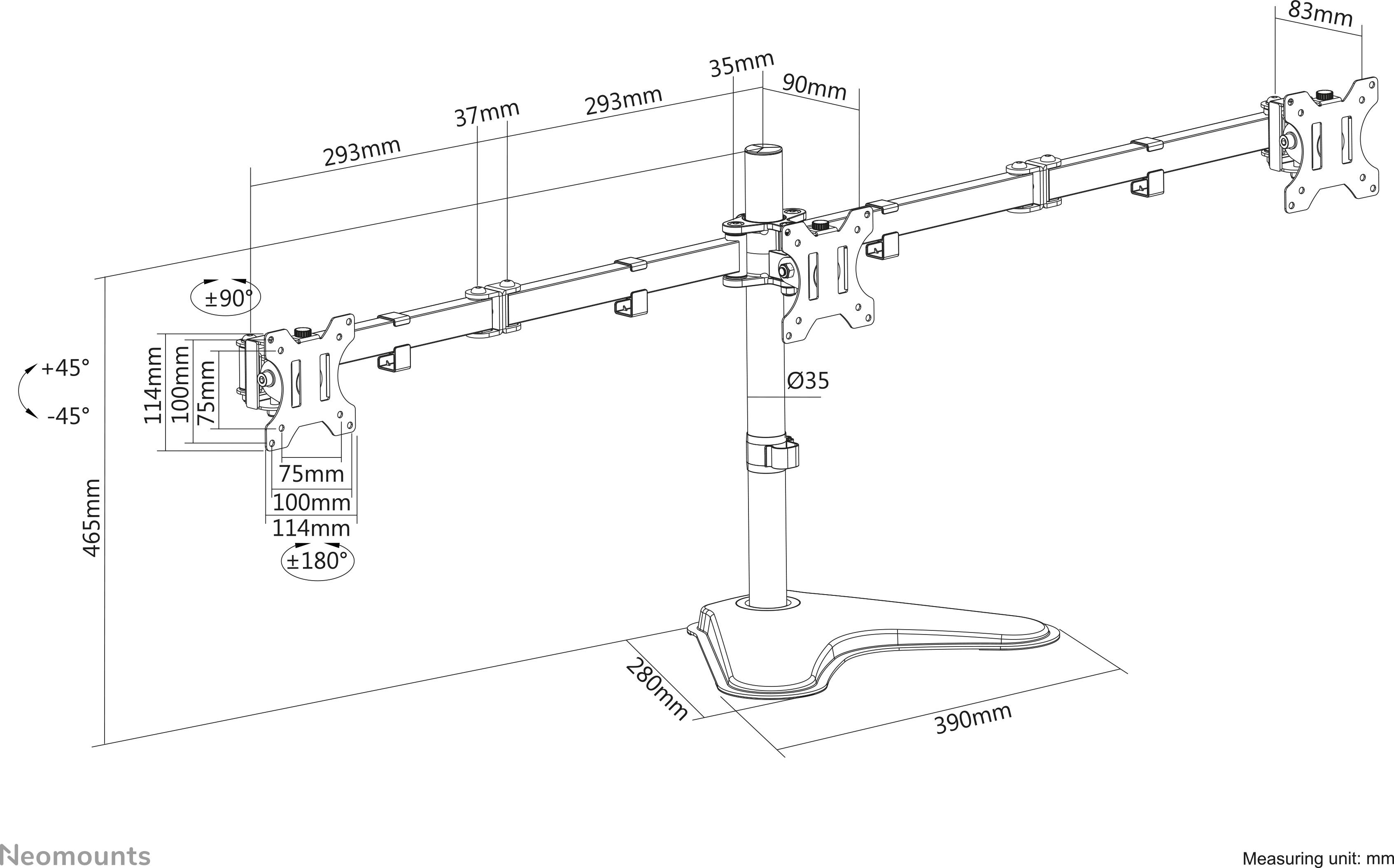 Diagramm eines Neomounts-Monitorarmsystems mit Maßen: Höhe 465 mm, Breite 390 mm. Details zeigen Drehwinkel und Befestigungspunkte.