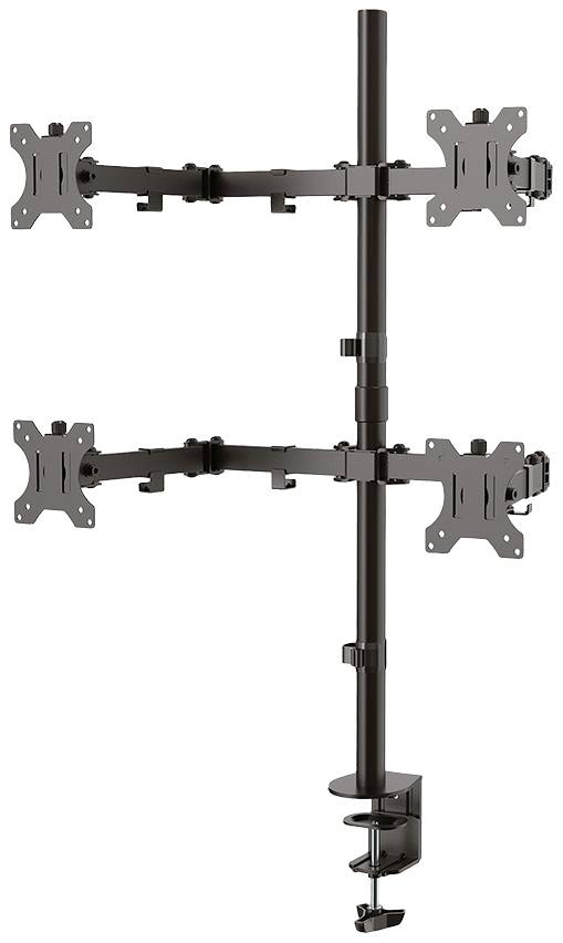 Vierfacher Monitorarm aus Metall zur Tischmontage, höhenverstellbar, zwei horizontale Arme mit je zwei Monitorhalterungen, geeignet für Büroanwendungen.