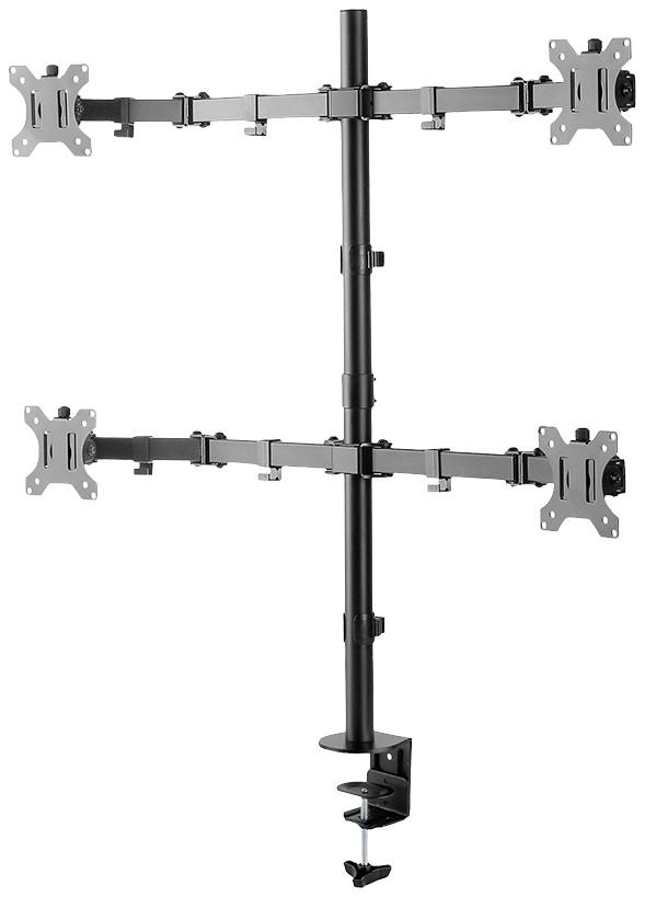 Monitorhalterung aus Metall, hält vier Bildschirme. Vertikales Design mit höhenverstellbarer Stangenbefestigung, geeignet für Schreibtische.