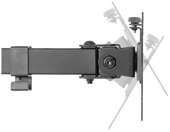 Seitenansicht eines Monitorarms mit verstellbarer Neigung. Der Arm zeigt die Bewegung des Monitors, um Positionsänderungen zu veranschaulichen.