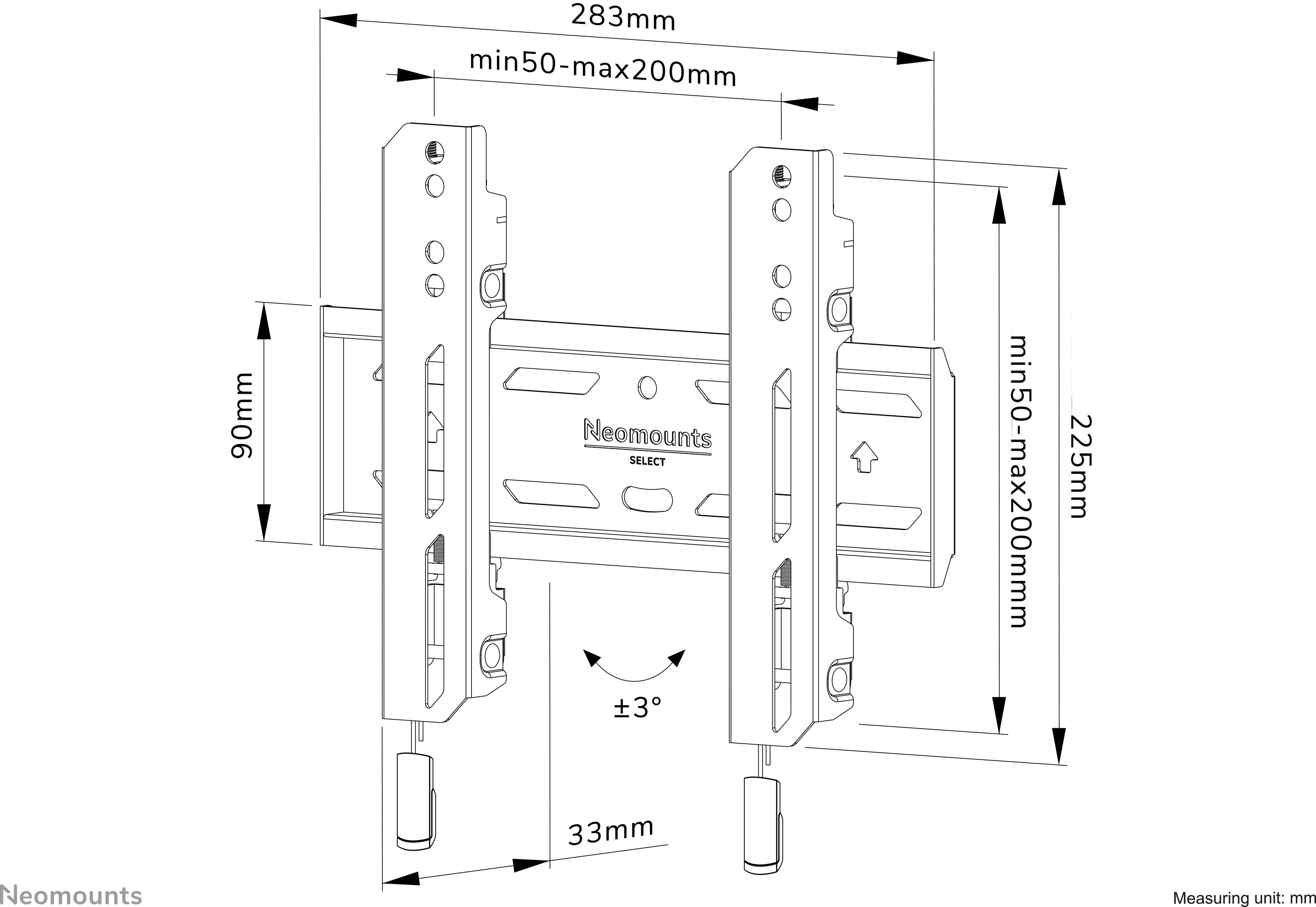 Diagramm einer TV-Wandhalterung mit verstellbaren Schienen (min 50 mm bis max 200 mm), Gesamthöhe 225 mm, Breite 283 mm.