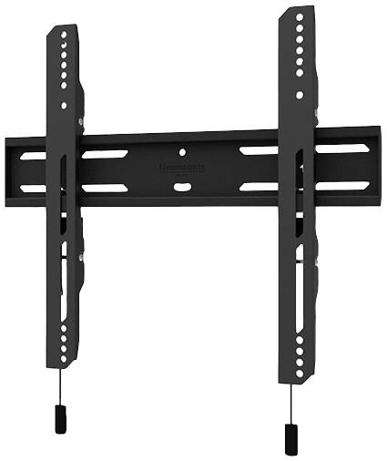 Schwarze Wandhalterung für Fernseher, mit verstellbaren Armen und Schraubenlöchern zur Montage an der Wand.