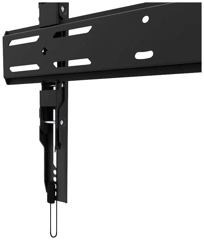 Eine schwarze Wandhalterung mit vertikalen und horizontalen Schienen. Geeignet für die Montage von Flachbildschirmen an der Wand.