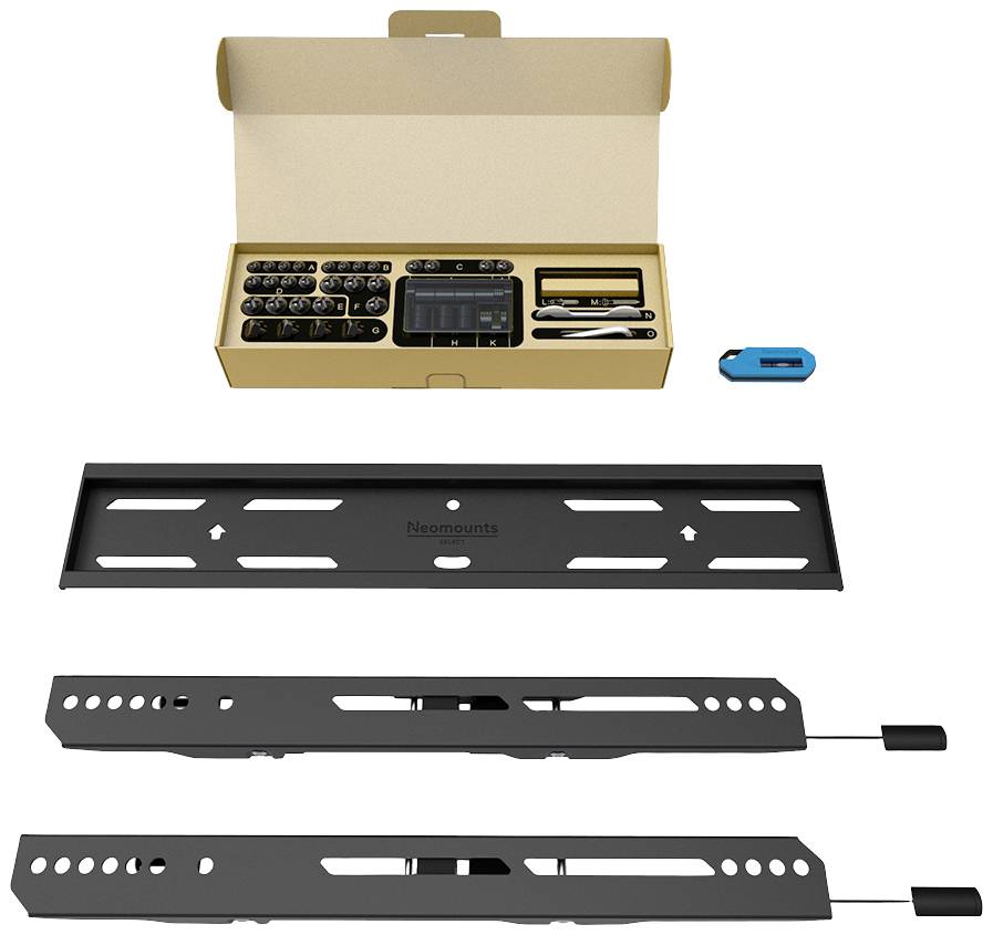 Ein Montageset für Wandhalterungen, bestehend aus Schrauben, einem Werkzeugkasten, einer Wandplatte und zwei Montageschienen.