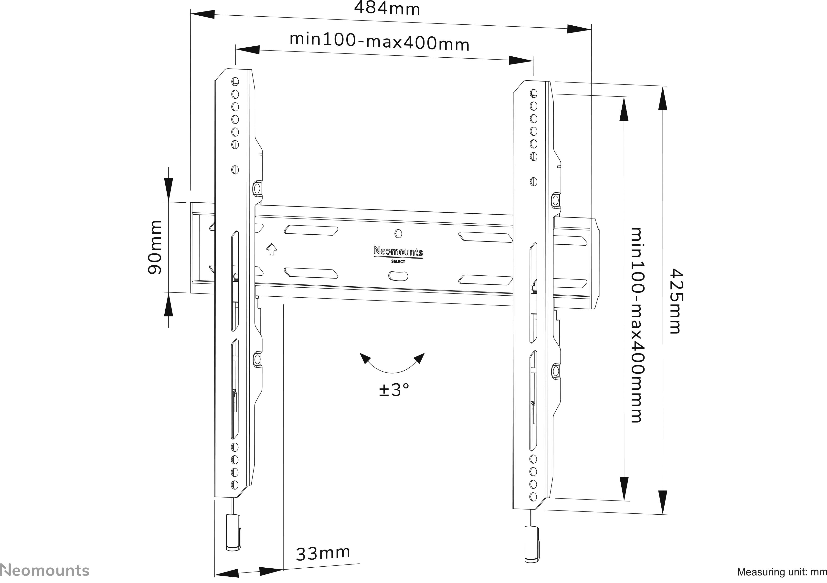 Technische Zeichnung einer TV-Wandhalterung von Neomounts. Maße: Breite 484mm, Höhe 425mm, Verstellbereich 100-400mm, Neigung ±3°.